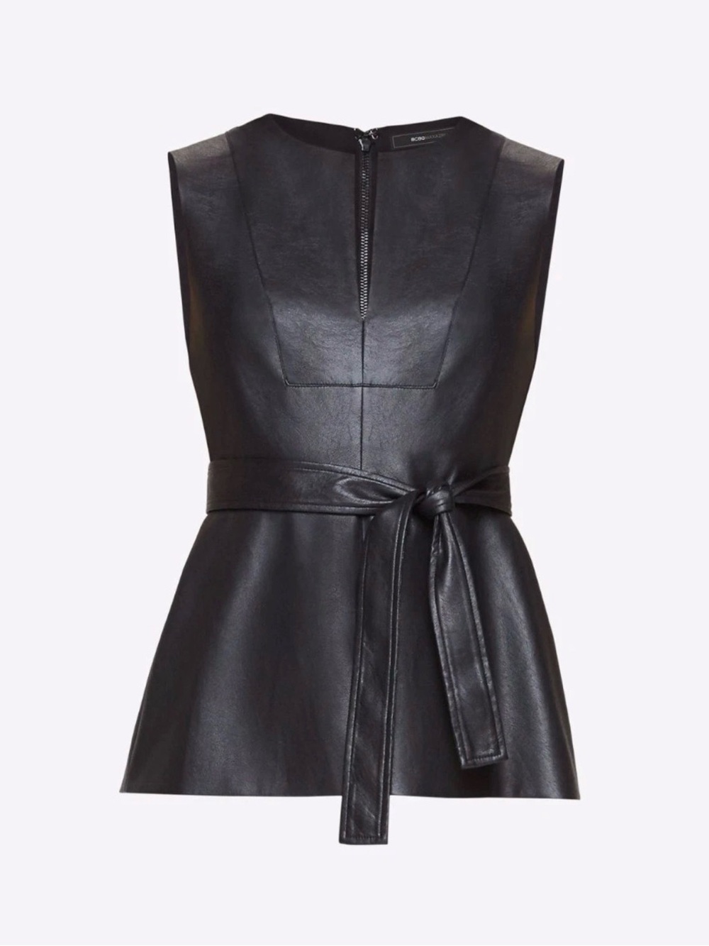 BCBGMaxAzria Black Sleeveless Faux-Leather Tie-Waist Top